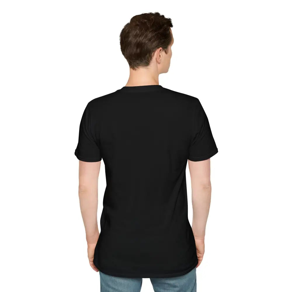 Black short-sleeved T-shirt on man from behind featuring serene winter scene for nature lovers