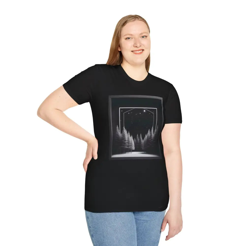 Black T-shirt featuring a serene winter scene framed winter forest for nature lovers