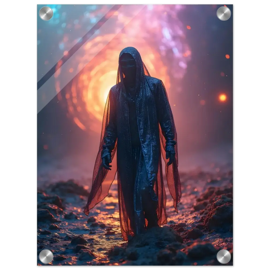 Hooded figure in a shimmering cloak from Shadowwalker Acrylic Print by PixiOnyx Crystal Wall Art