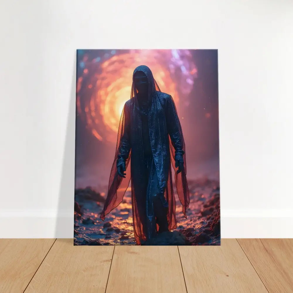 Hooded figure in cosmic landscape art for Shadowwalker Canvas Through the Rift PixiOnyx Wall Art