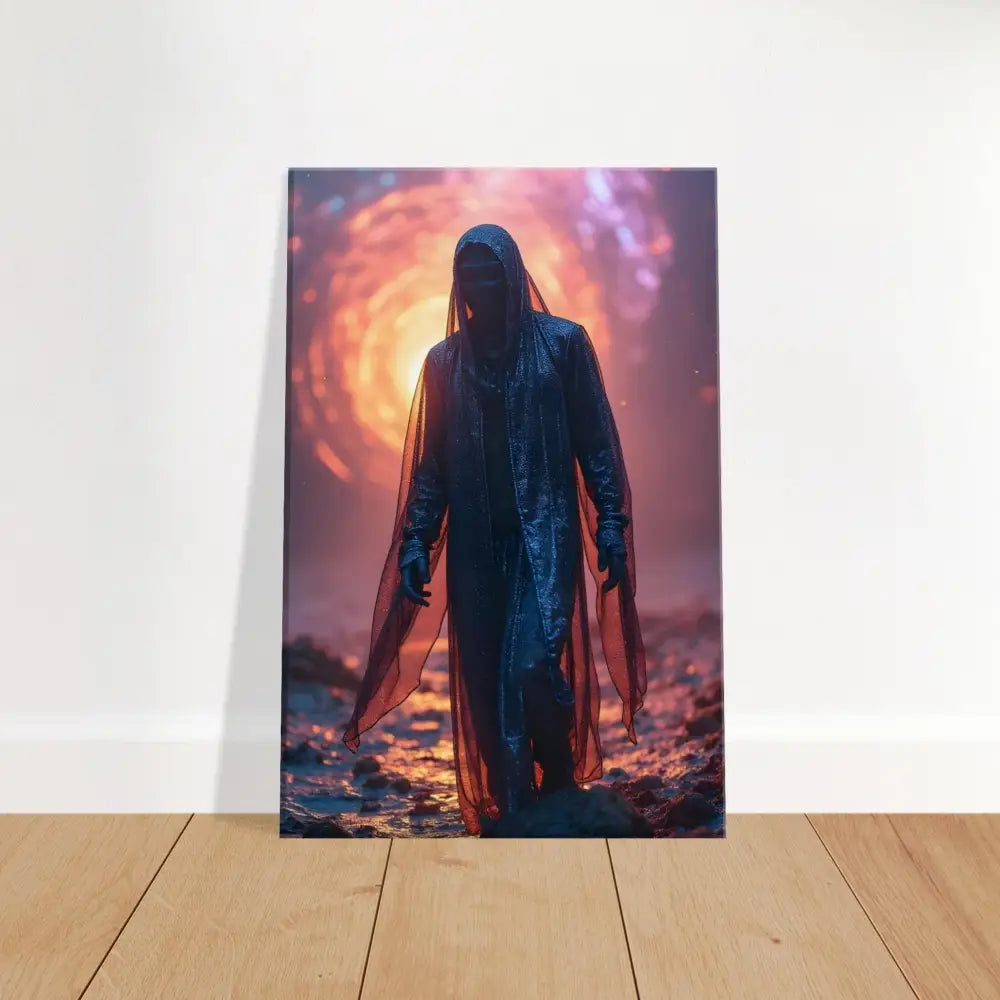 Hooded figure facing a swirling portal in Shadowwalker Canvas PixiOnyx Wall Art