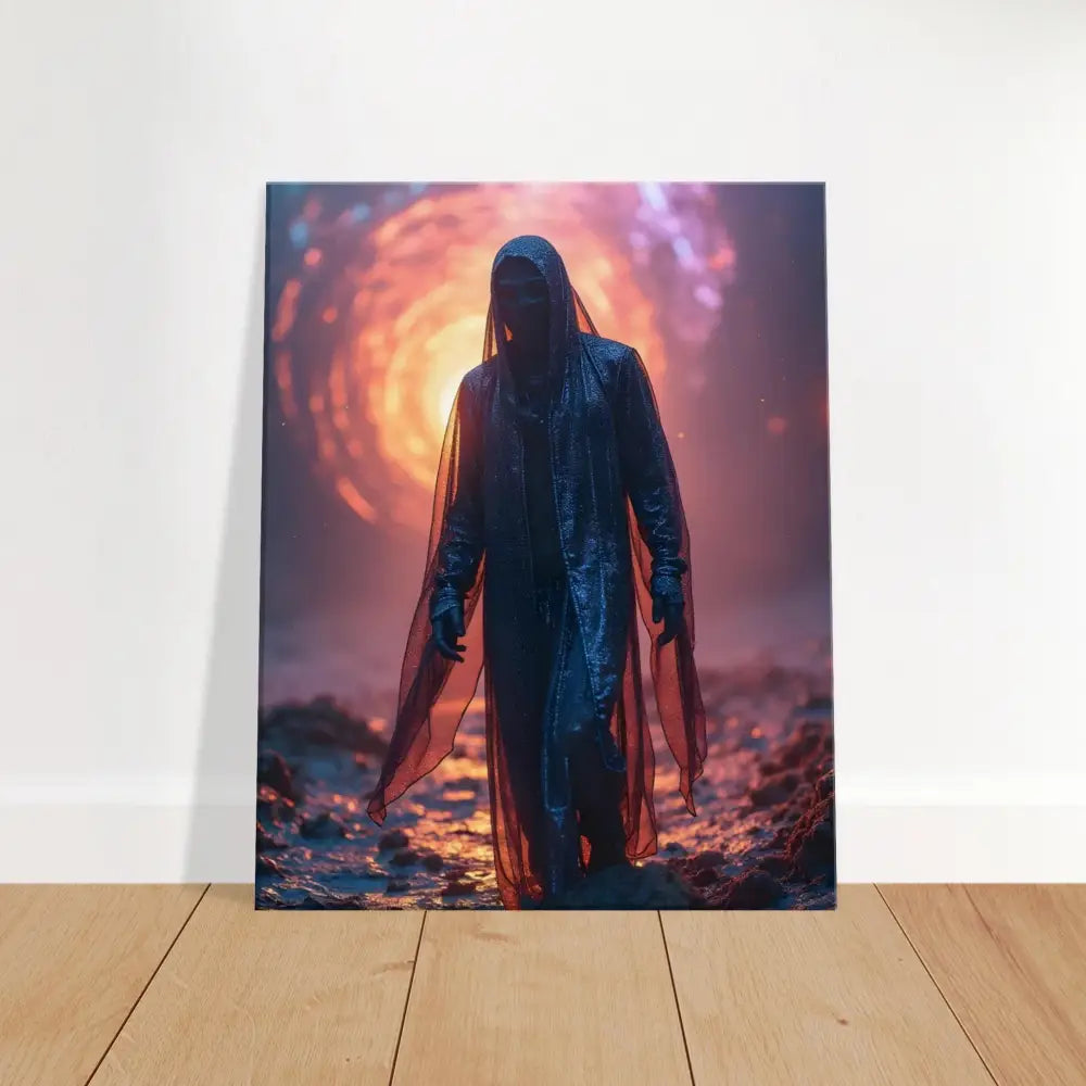 Dark hooded figure in a surreal landscape on PixiOnyx Wall Art Shadowwalker Canvas