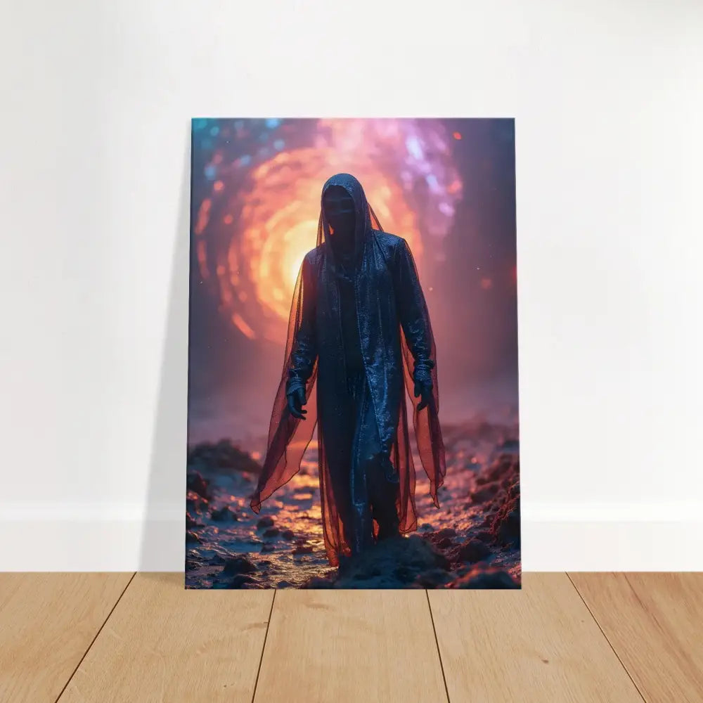Hooded figure in an otherworldly landscape displayed on Shadowwalker Canvas PixiOnyx Wall Art