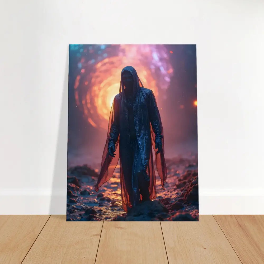 Hooded figure standing before a cosmic portal on Shadowwalker Canvas – Through the Rift Wall Art