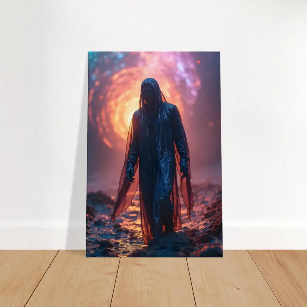 Hooded figure standing before a swirling portal on Shadowwalker Canvas wall art