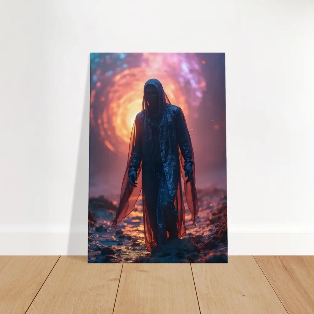 Hooded figure before swirling vortex in Shadowwalker Canvas Through the Rift Wall Art