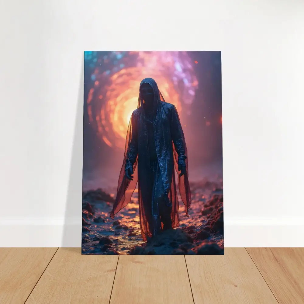 Hooded figure in an otherworldly landscape displayed on Shadowwalker Canvas Wall Art