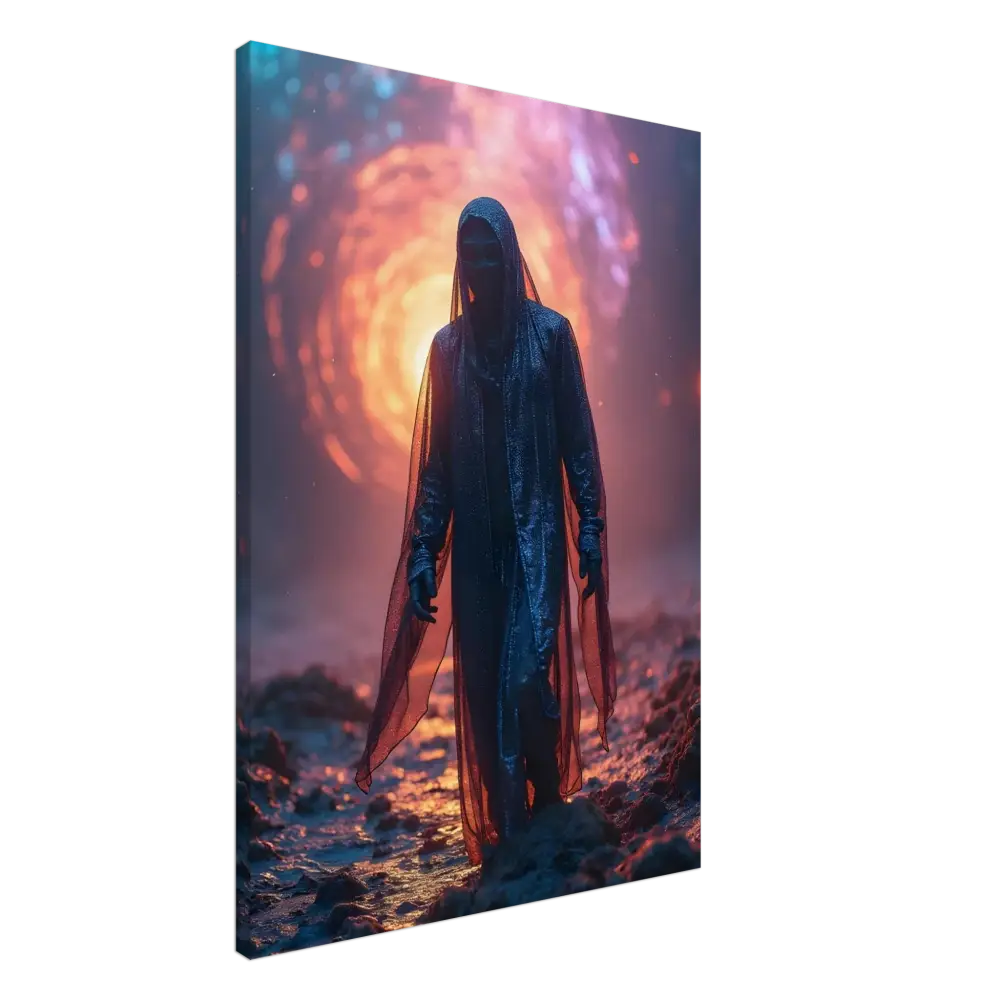 Hooded figure standing before a swirling portal in Shadowwalker Canvas PixiOnyx Wall Art