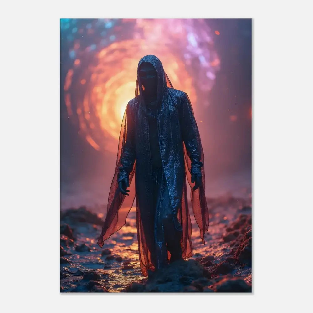 Cloaked figure standing before a swirling portal in Shadowwalker Canvas PixiOnyx Wall Art