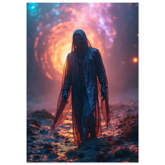 Cloaked figure standing before a swirling portal on Shadowwalker Metal Print via PixiOnyx