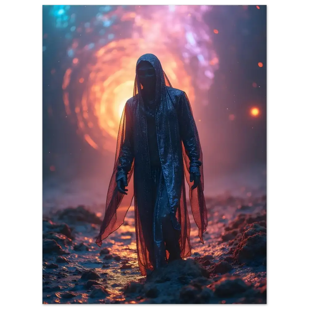 Hooded figure in a translucent cloak displayed on Shadowwalker Metal Print by PixiOnyx