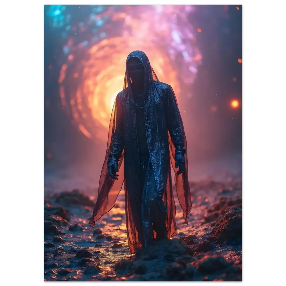 Hooded figure in shimmering cloak from Shadowwalker Metal Print PixiOnyx Glossed Display