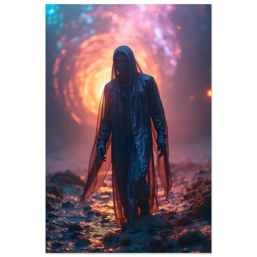 Hooded figure in flowing robe from Shadowwalker Metal Print Through the Rift PixiOnyx display