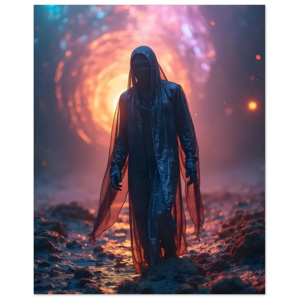 Hooded figure in a dark flowing robe on Shadowwalker Metal Print through the Rift PixiOnyx