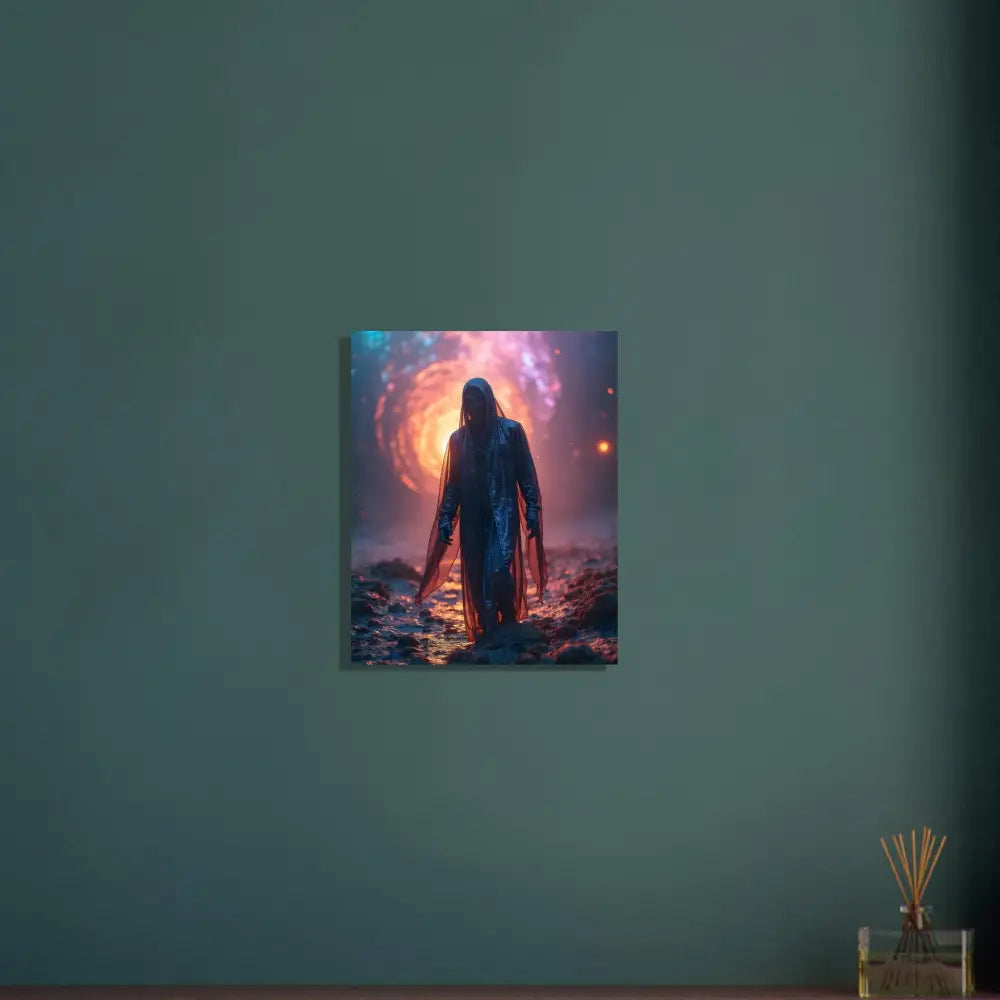 Framed cosmic figure art displayed in Shadowwalker Poster Through the Rift PixiOnyx Fine Art Print