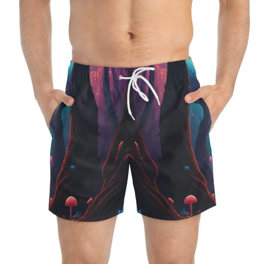 Men’s swim trunks with a fantasy mushroom forest design for PixiOnyx Festival Beachwear
