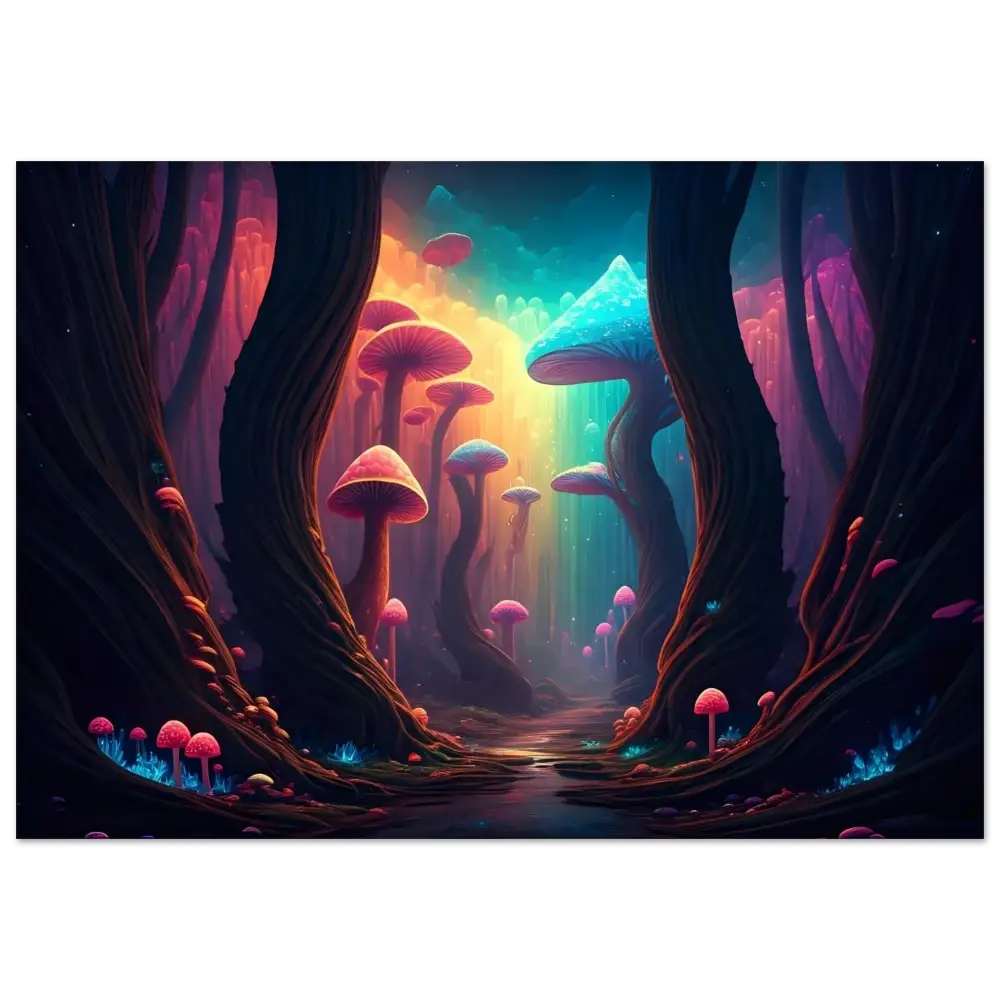 Colorful mushroom forest displayed on Shroom Bloom Aluminum Print by PixiOnyx