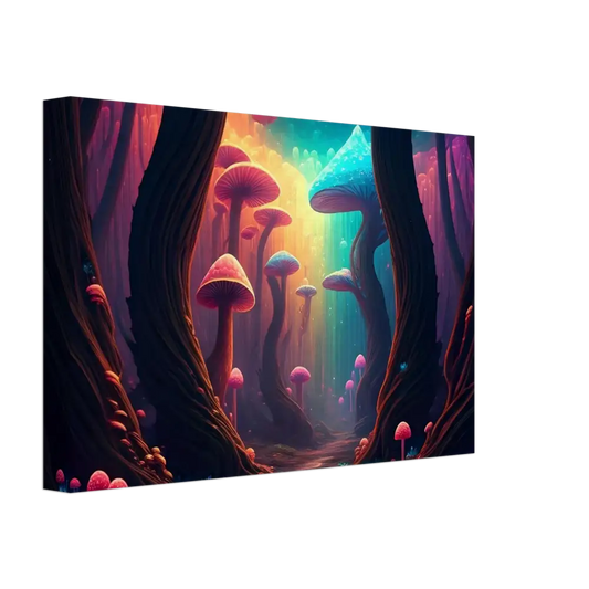 Vibrant mushroom forest scene from Shroom Bloom The Veil Beyond Canvas by PixiOnyx