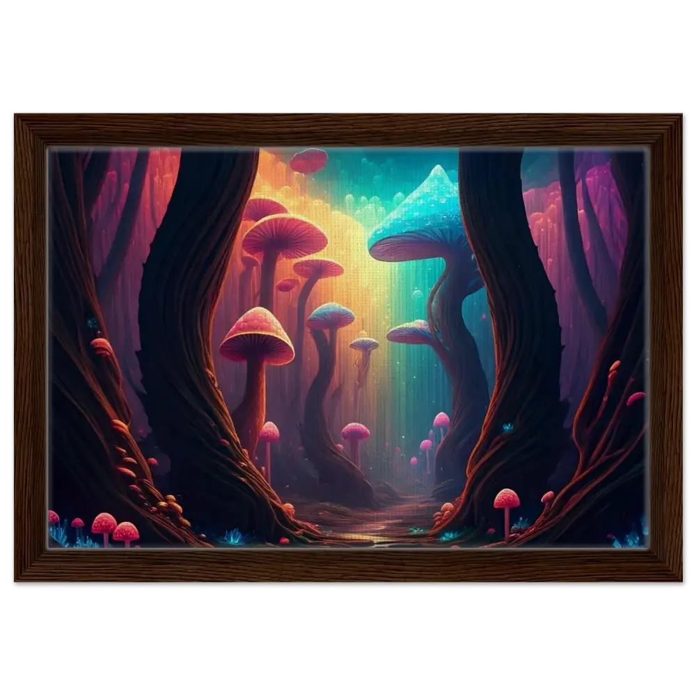 Framed psychedelic mushroom forest artwork from Shroom Bloom The Veil Beyond PixiOnyx Cosmic Corridor Edition