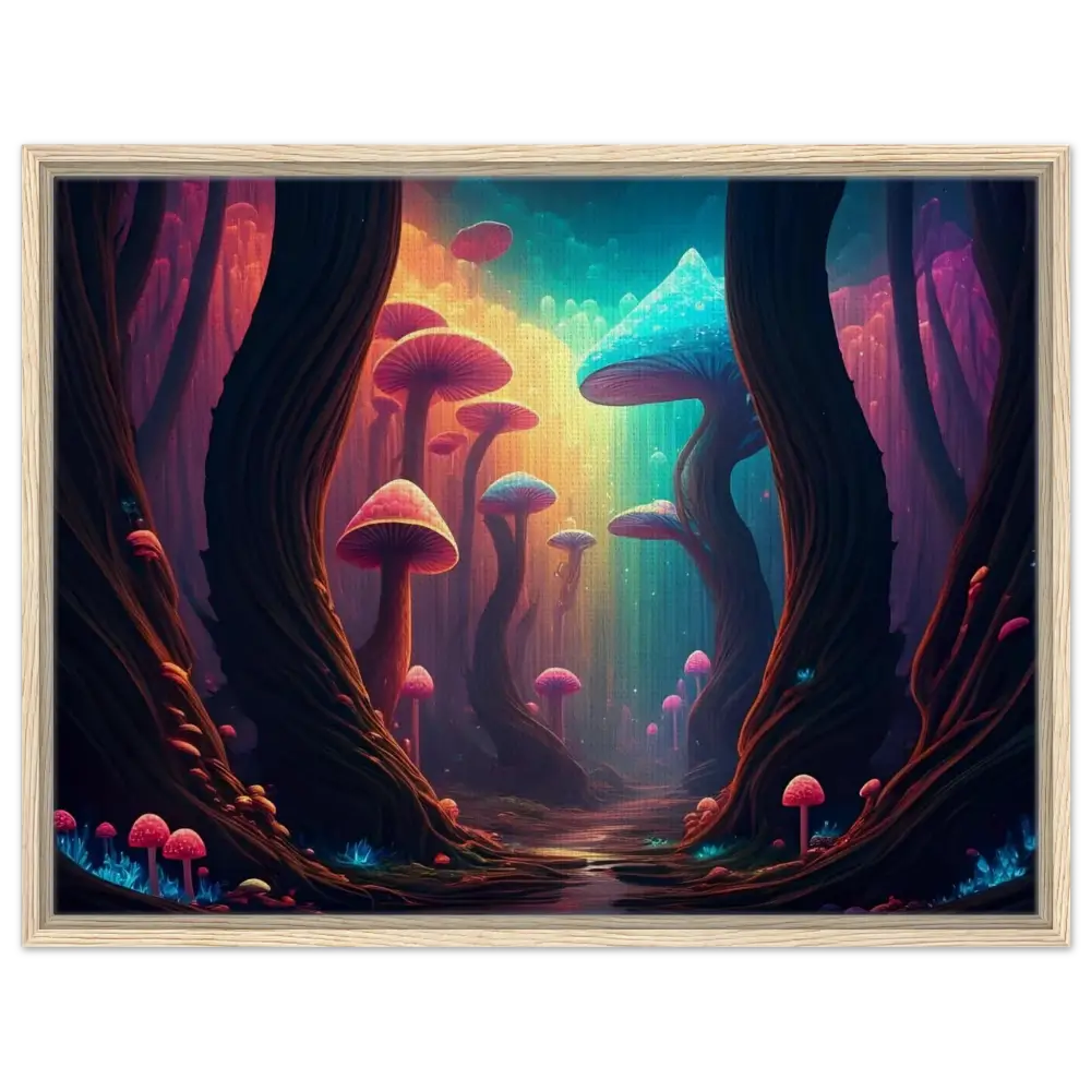Framed psychedelic mushroom forest painting from Shroom Bloom The Veil Beyond PixiOnyx Cosmic Corridor Edition