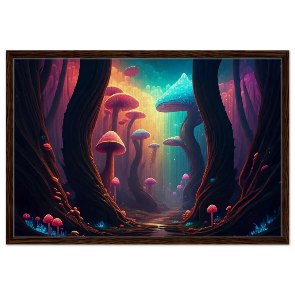 Framed psychedelic mushroom forest art from Shroom Bloom The Veil Beyond PixiOnyx Cosmic Corridor Edition