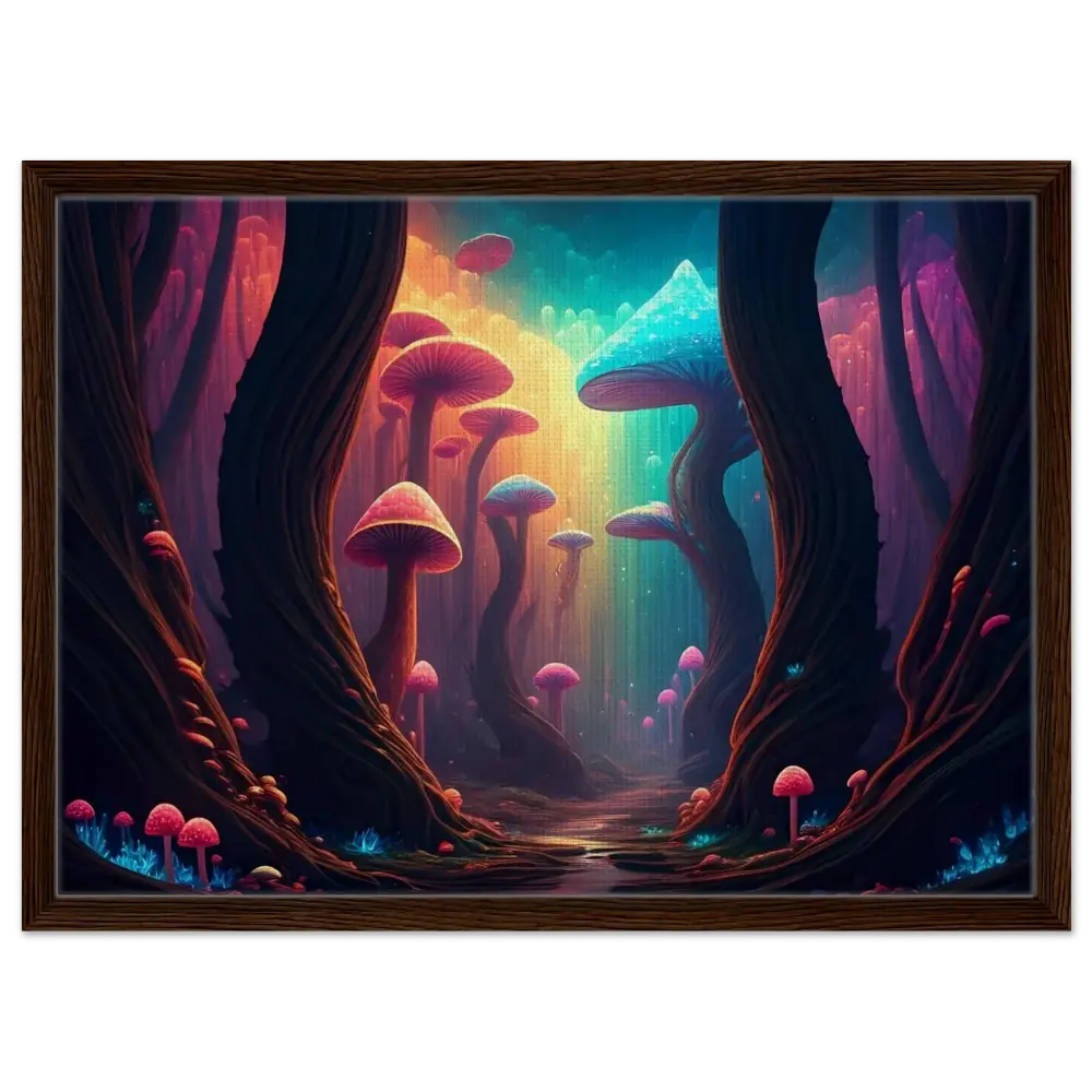 Framed psychedelic mushroom forest painting from Shroom Bloom The Veil Beyond PixiOnyx Cosmic Corridor Edition