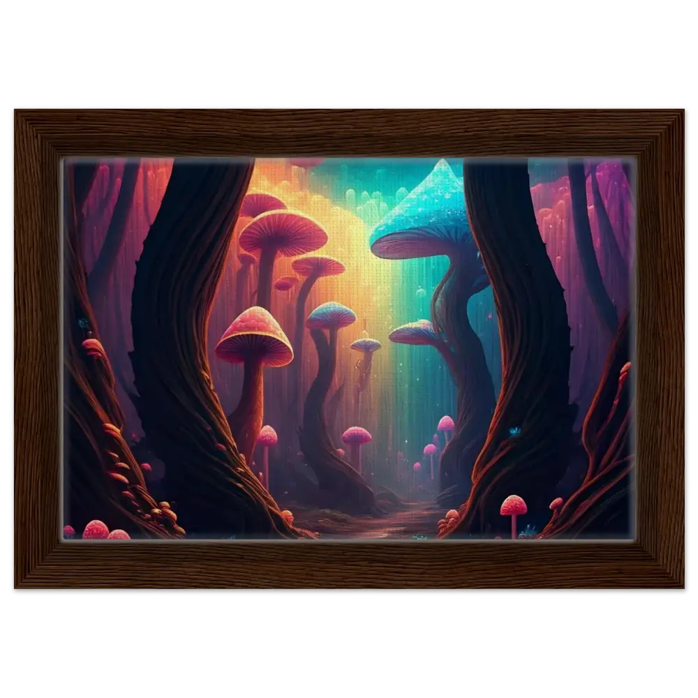 Framed psychedelic mushroom forest painting from Shroom Bloom The Veil Beyond PixiOnyx Cosmic Corridor Edition