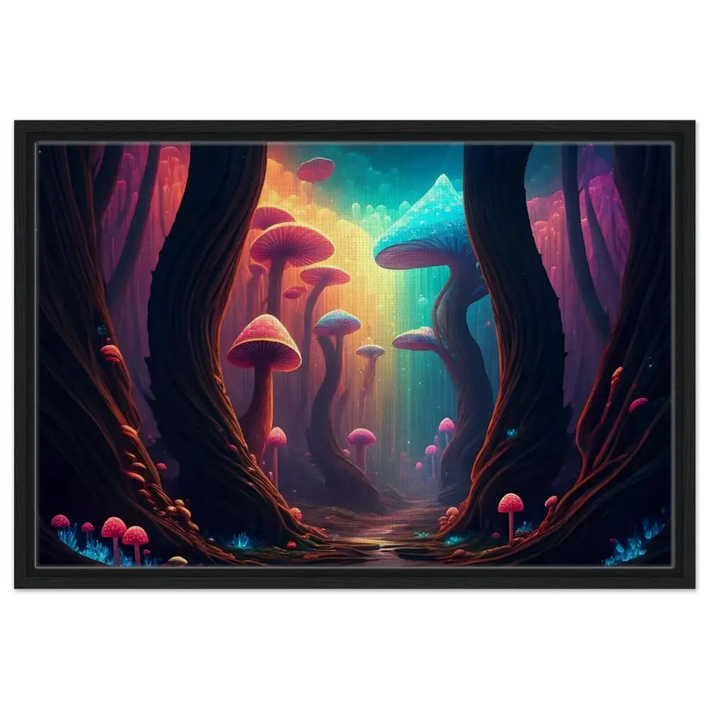 Framed psychedelic mushroom forest artwork from Shroom Bloom The Veil Beyond PixiOnyx Cosmic Corridor Edition