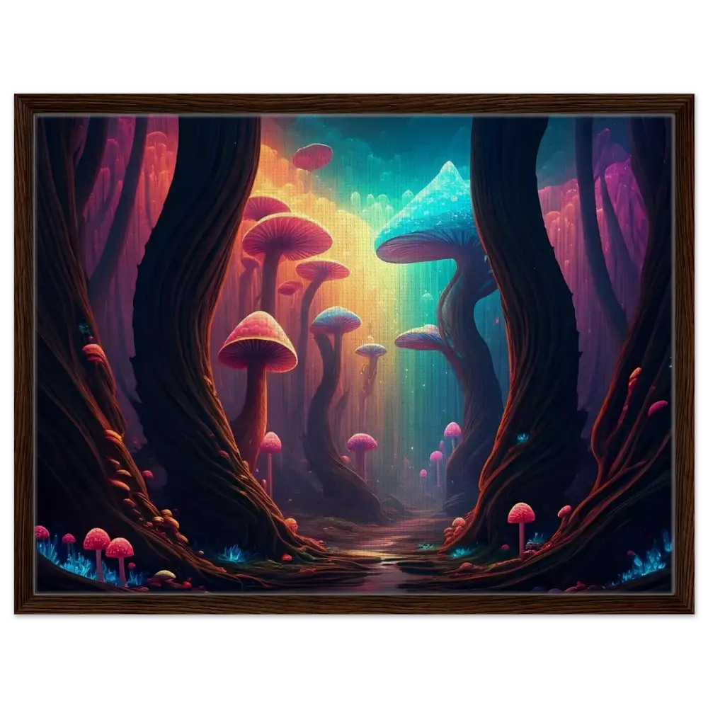 Colorful mushroom forest painting on framed canvas from Shroom Bloom The Veil Beyond edition