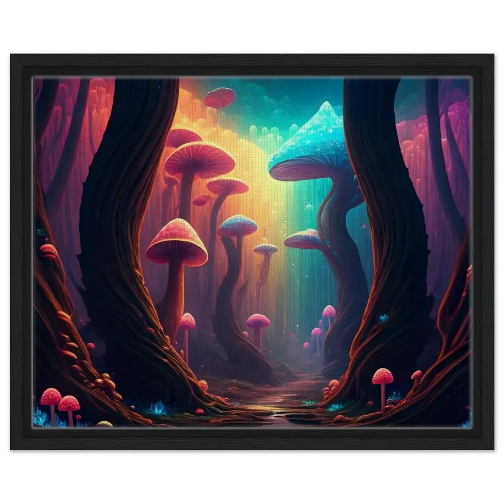 Framed psychedelic mushroom forest painting from Shroom Bloom The Veil Beyond PixiOnyx Cosmic Corridor Edition