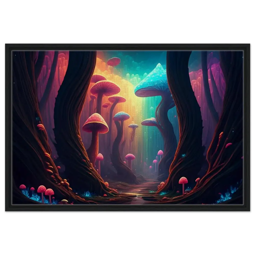Colorful mushroom forest scene from Shroom Bloom The Veil Beyond framed canvas