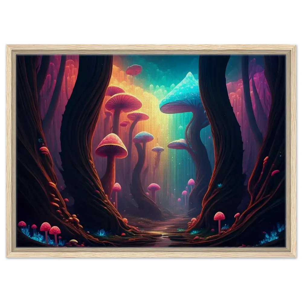 Framed psychedelic mushroom forest art from PixiOnyx Shroom Bloom Cosmic Corridor Edition