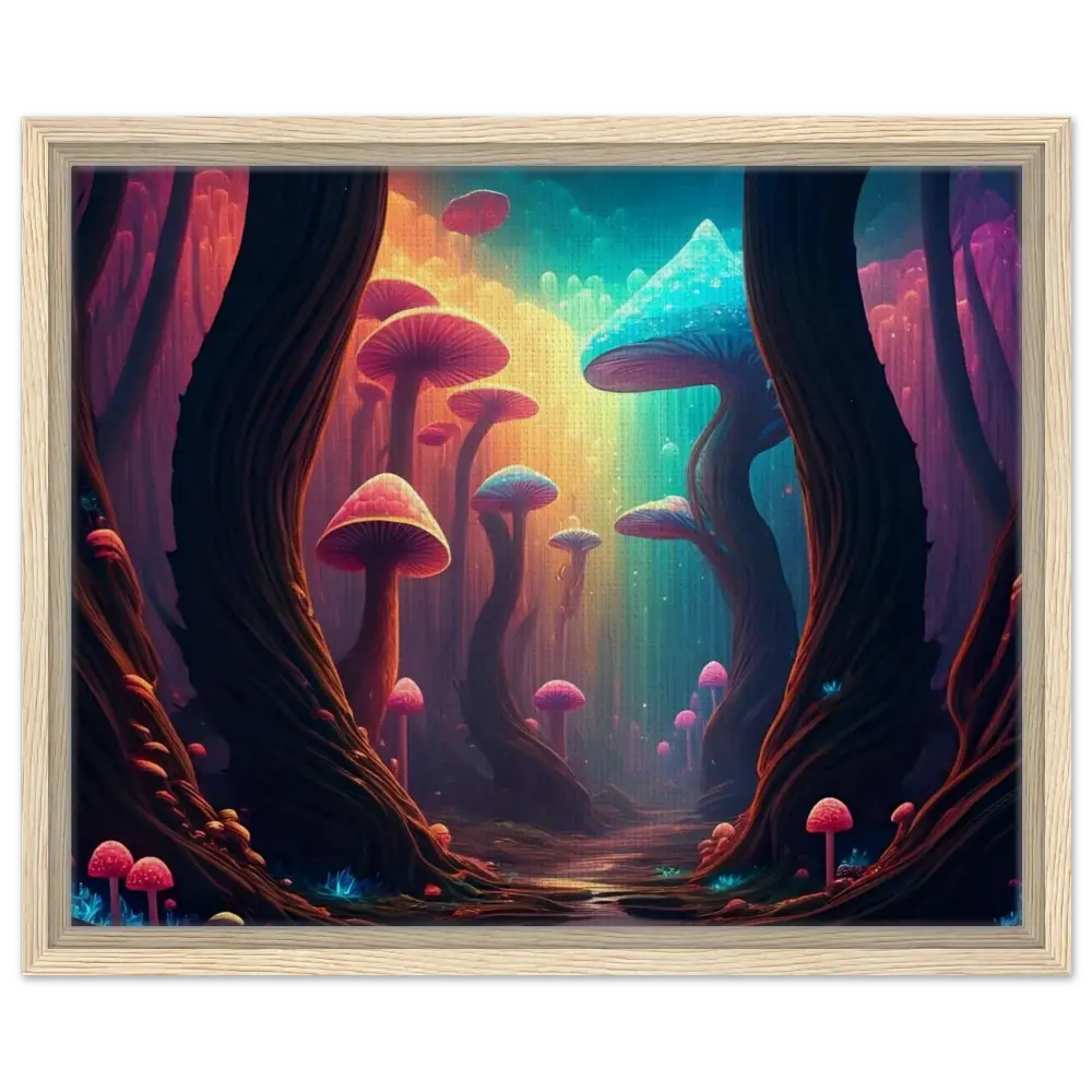 Framed psychedelic mushroom forest artwork from Shroom Bloom The Veil Beyond PixiOnyx Cosmic Corridor Edition