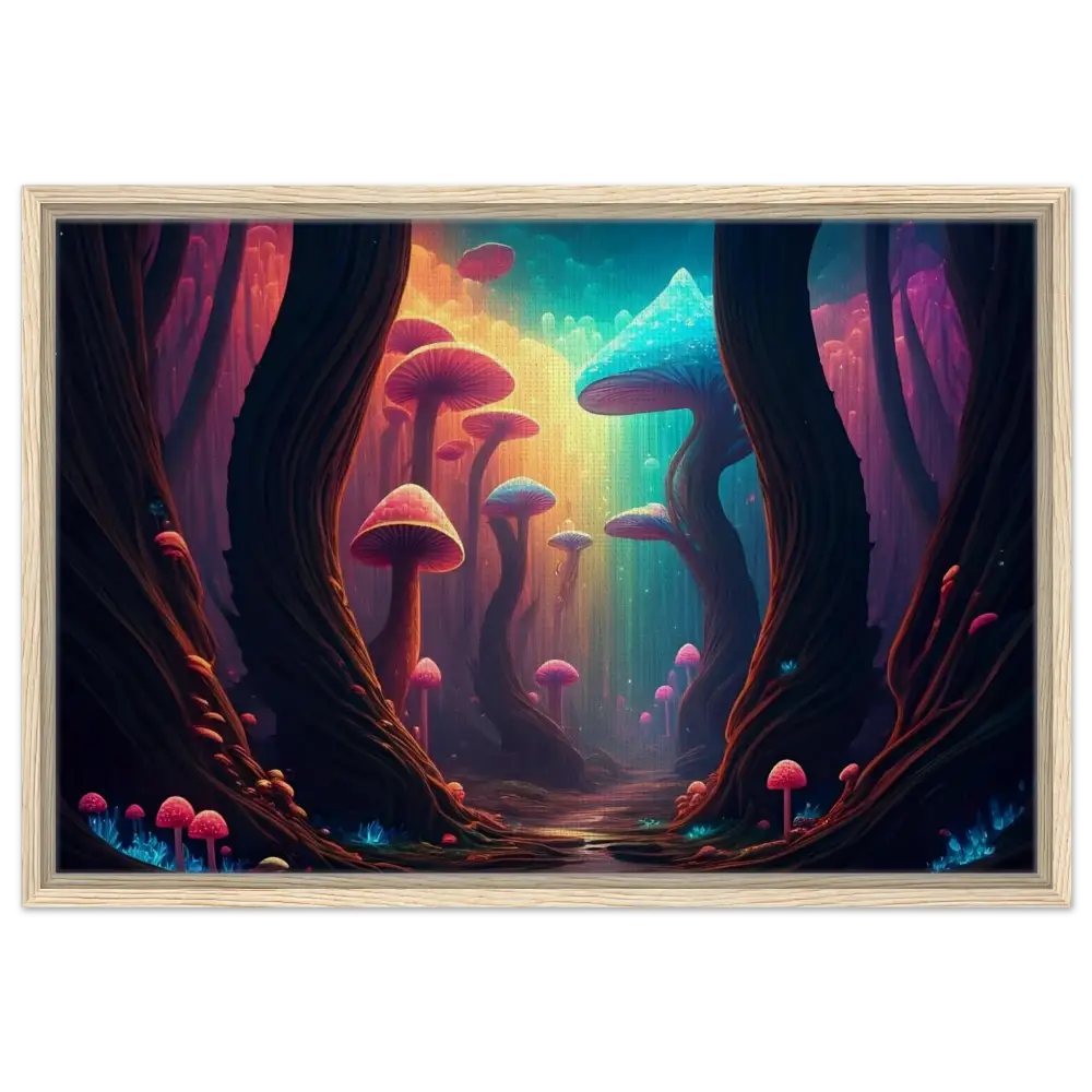Framed psychedelic mushroom forest artwork from Shroom Bloom The Veil Beyond PixiOnyx Cosmic Corridor Edition