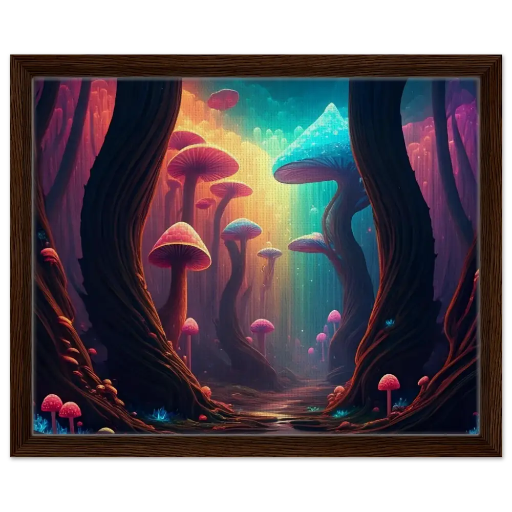 Framed psychedelic mushroom forest artwork from PixiOnyx Cosmic Corridor Edition