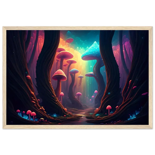Framed psychedelic mushroom forest poster from PixiOnyx Dreambound Forest Collection