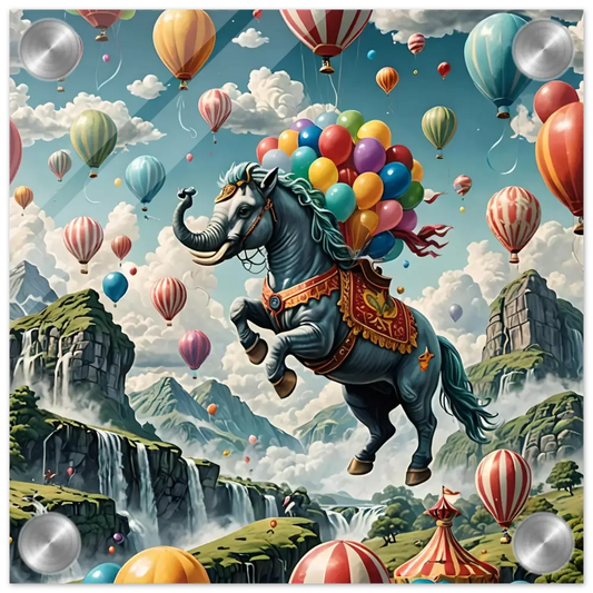Fantasy horse-elephant hybrid with colorful balloons on Skybound Majesty acrylic print