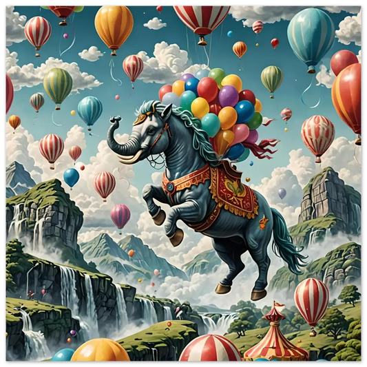 Fantasy elephant-horse hybrid with colorful balloons on Skybound Majesty aluminum print