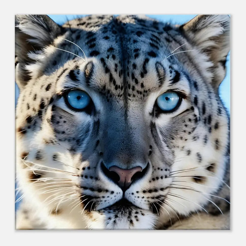 Striking snow leopard face on Snow Leopard Canvas Glacier Gaze PixiOnyx Wildlife Display