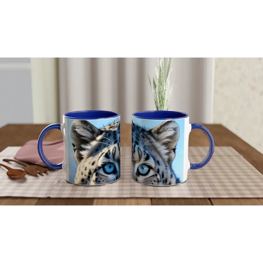 Blue-handled Snow Leopard Mug with Glacier Gaze eye design, PixiOnyx ceramic sipper