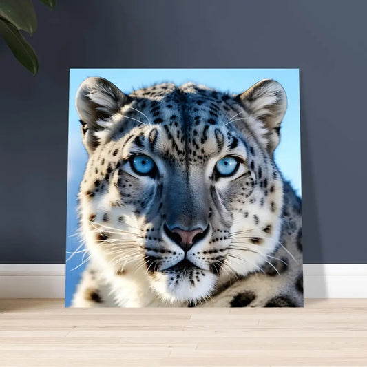 Snow leopard portrait art displayed on the Snow Leopard Poster Glacier Gaze PixiOnyx Fine Art Print
