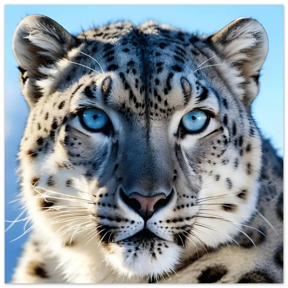 Striking blue-eyed Snow Leopard poster from PixiOnyx Fine Art Print Glacier Gaze