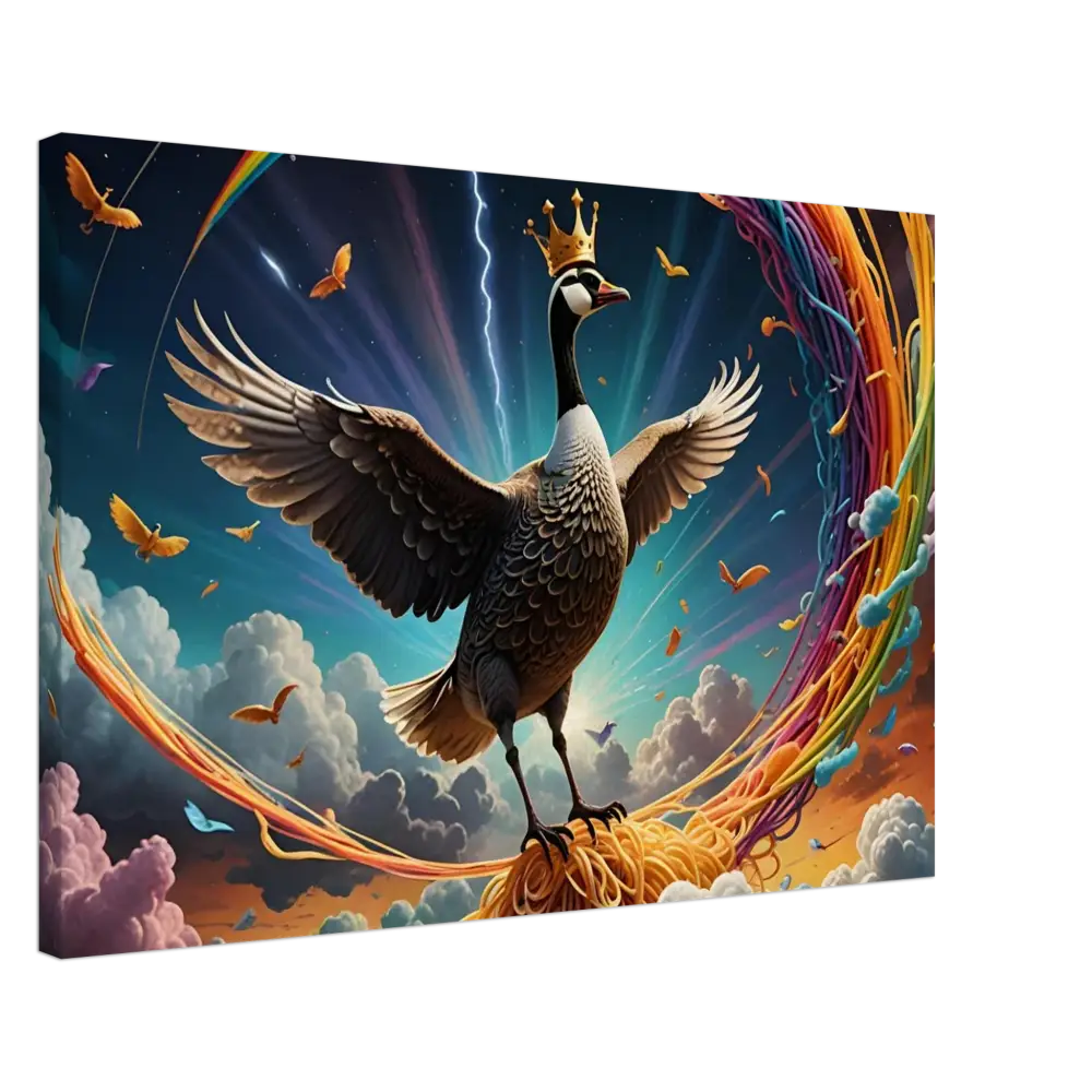 Majestic Goose King standing on Spaghetti depicted on PixiOnyx Surrealist Canvas Print