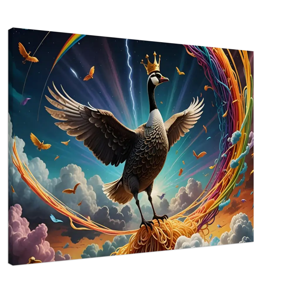 Whimsical Goose King standing on spaghetti in PixiOnyx Surrealist Canvas Print