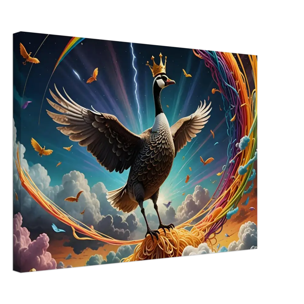 Regal goose with outstretched wings on Spaghetti Goose Ascension Canvas by PixiOnyx