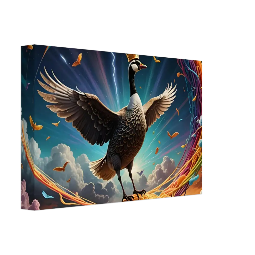 Majestic Goose wearing a crown on the Spaghetti Goose Ascension Canvas by PixiOnyx