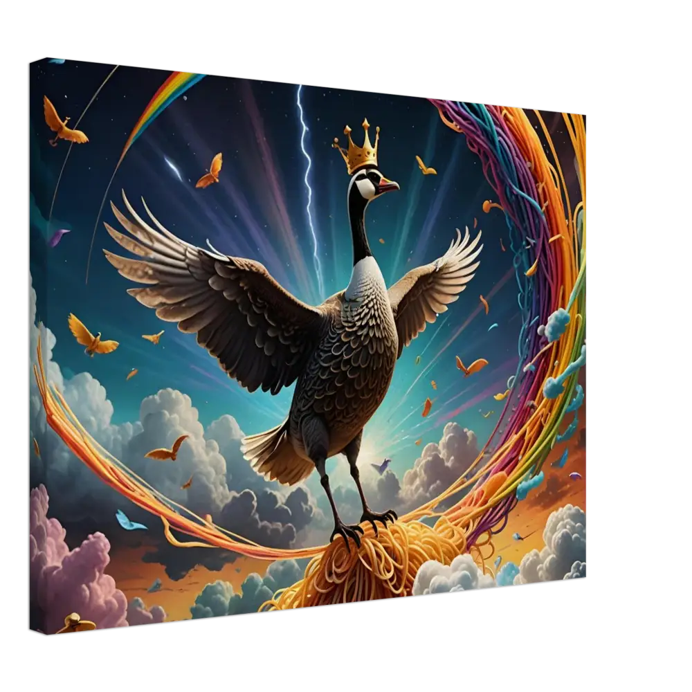 Regal goose wearing a crown on Spaghetti Goose Ascension Canvas by PixiOnyx