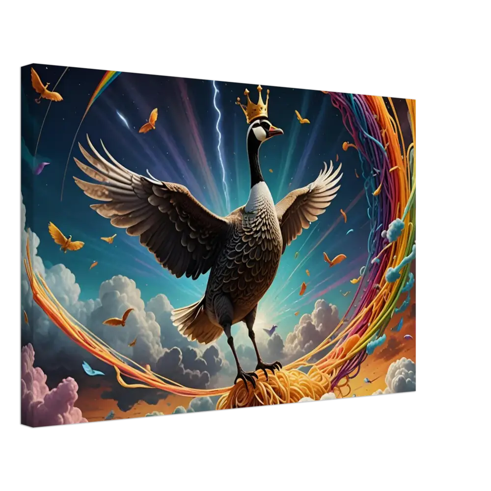 Majestic goose king with rainbow aura on Spaghetti Goose Ascension Canvas by PixiOnyx