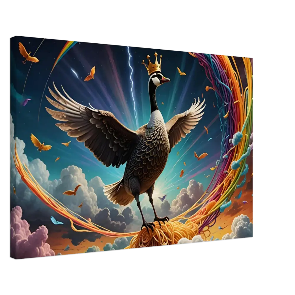 Majestic Goose King illustrated on Spaghetti Goose Ascension Canvas Print by PixiOnyx