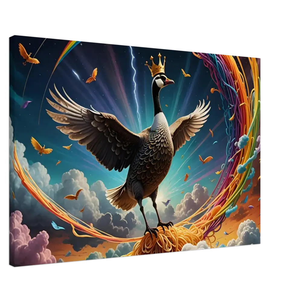 Whimsical goose king sitting on tangled spaghetti in surreal art style on PixiOnyx Canvas